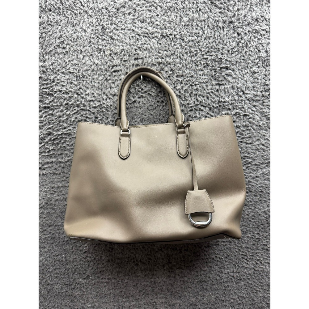Lauren Ralph Lauren Marcy Leather Satchel Tote Bag Taupe Porcini Large